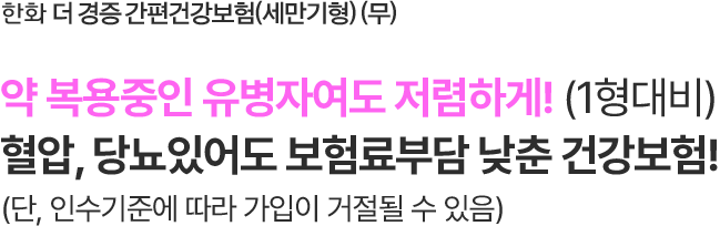 한화 더 경증 간편건강보험(세만기형) (무)
약 복용중인 유병자여도 저렴하게!(1형대비)
혈압, 당뇨있어도 보험료부담 낮춘 건강보험!
(단, 인수기준에 따라 가입이 거절될 수 있음)
