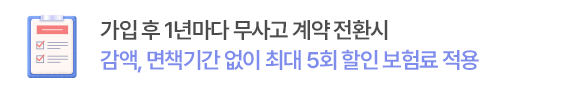 가입 후 1년마다 무사고 계약 전환시
감액, 면책기간 없이 최대 5회 할인 보험료 적용
