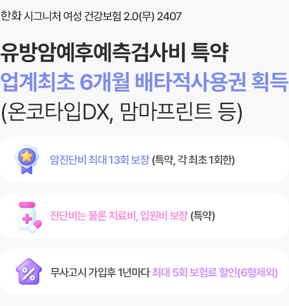 한화 시그니처여성 건강보험2.0(무) 2407
                            유방암예후예측검사비 특약
                            업계최초 6개월 배타적사용권 획득
                            (온코타입DX, 맘마프린트 등)
                            암진단비 최대 13회 보장 (특약, 각 최초 1회한)
                            진단비는 물론 치료비, 입원비 보장(특약)
                            사고시 가입후 1년마다 최대 5회 보험료 할인(6형 제외)