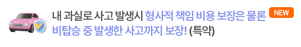 내 과실로 사고 발생시 형사적 책임 비용 보장은 물론
                                                                                                       비탑승 중 발생한 사고까지 보장!(특약)
